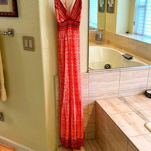 Gorgeous Boho silk maxi dress, Spagetti straps and backless, orange/white/pink.